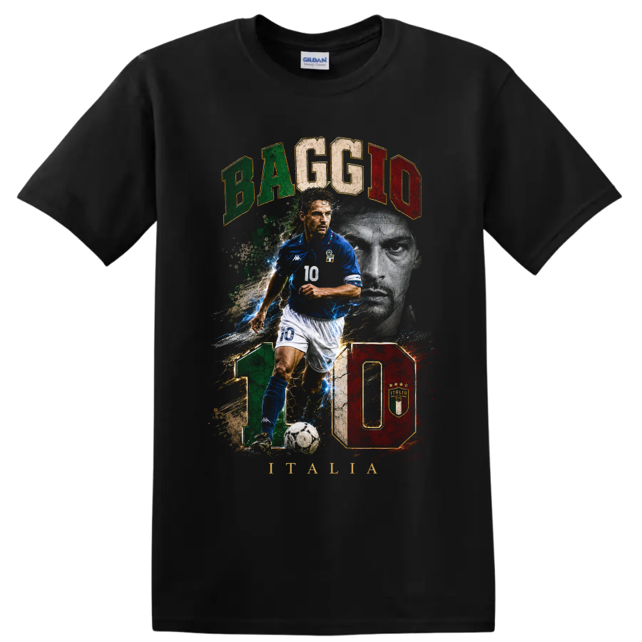 Roberto Baggio Italy soccer action portrait with number 10 graphic on a Black T Shirt