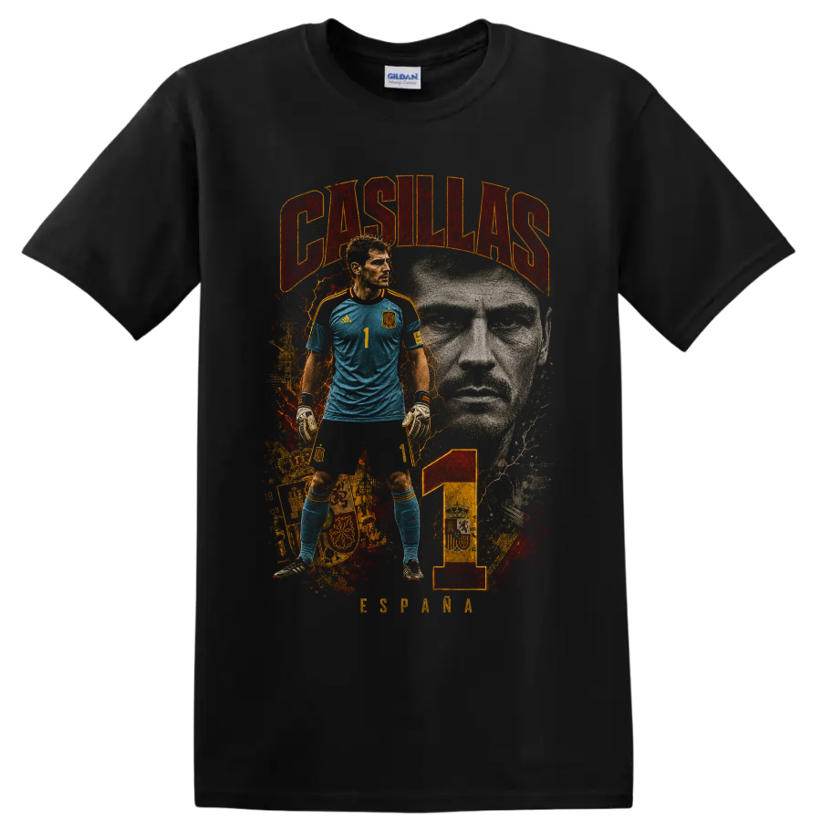 Iker Casillas Spain goalkeeper portrait with CASILLAS text and number 1 on a Black T Shirt