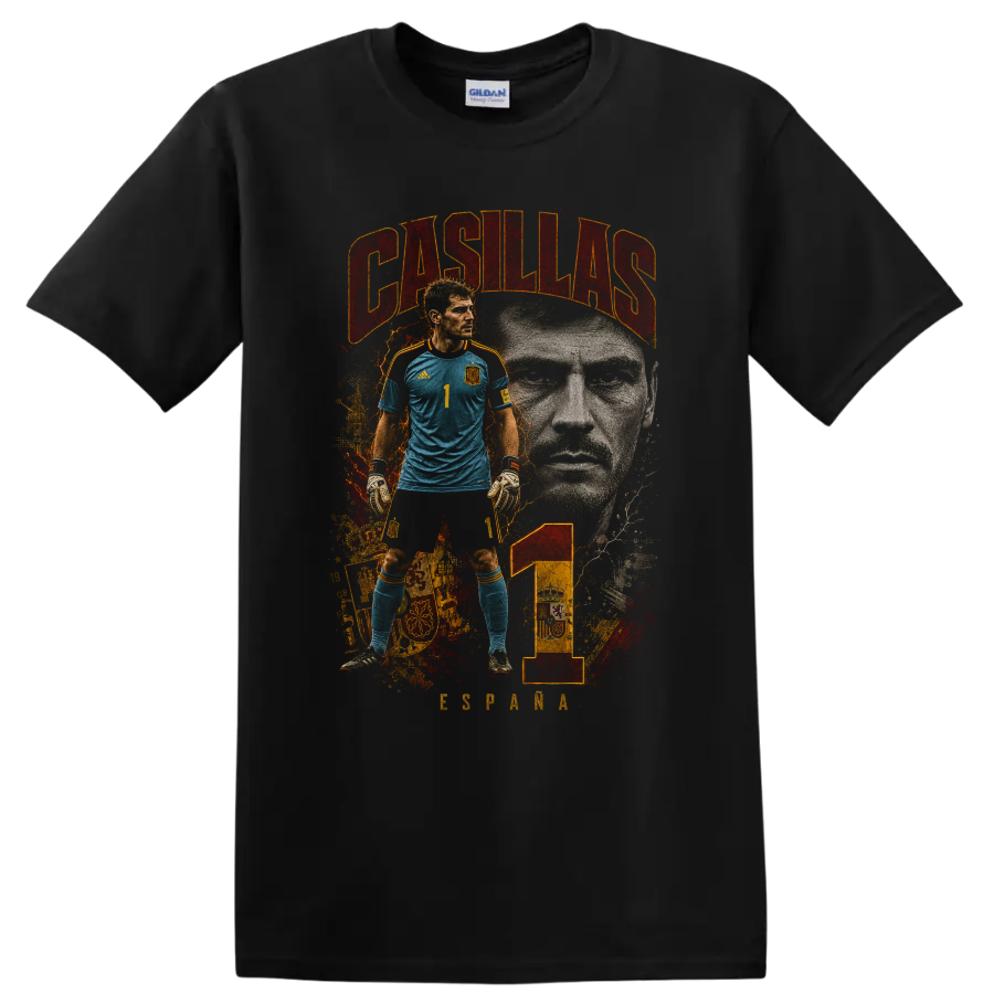 Iker Casillas Spain goalkeeper portrait graphic with number 1 on a Black T Shirt