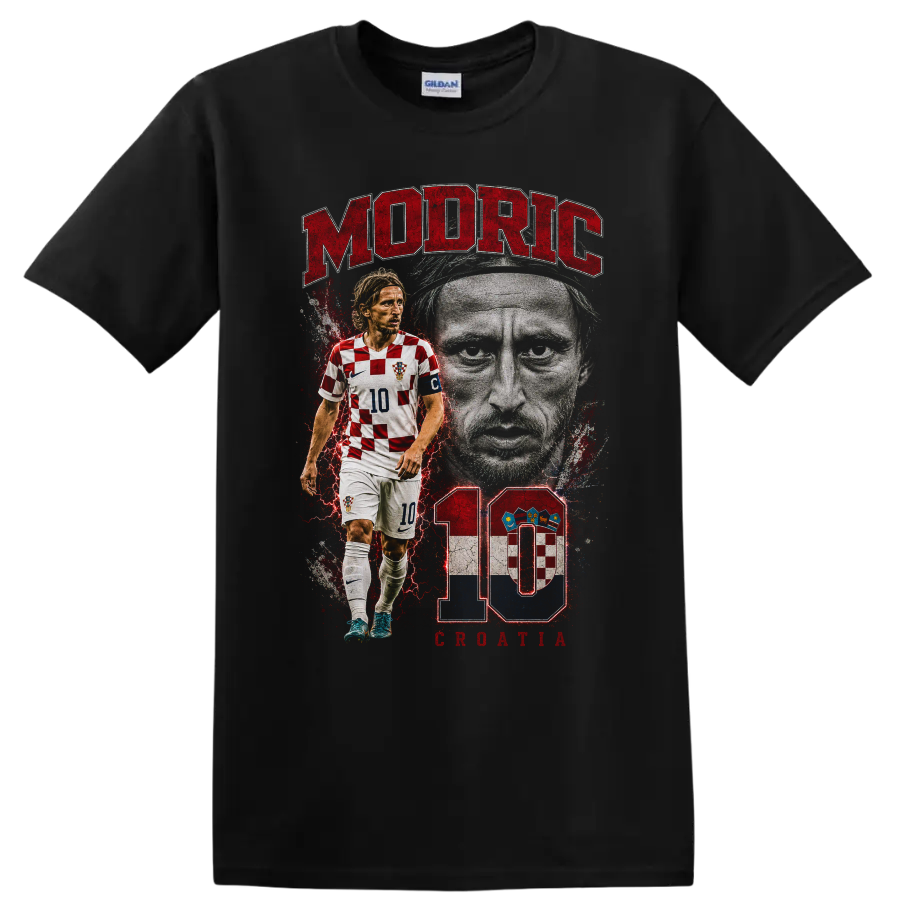 Luka Modric Croatia soccer portrait graphic with MODRIC and number 10 on a Black T Shirt