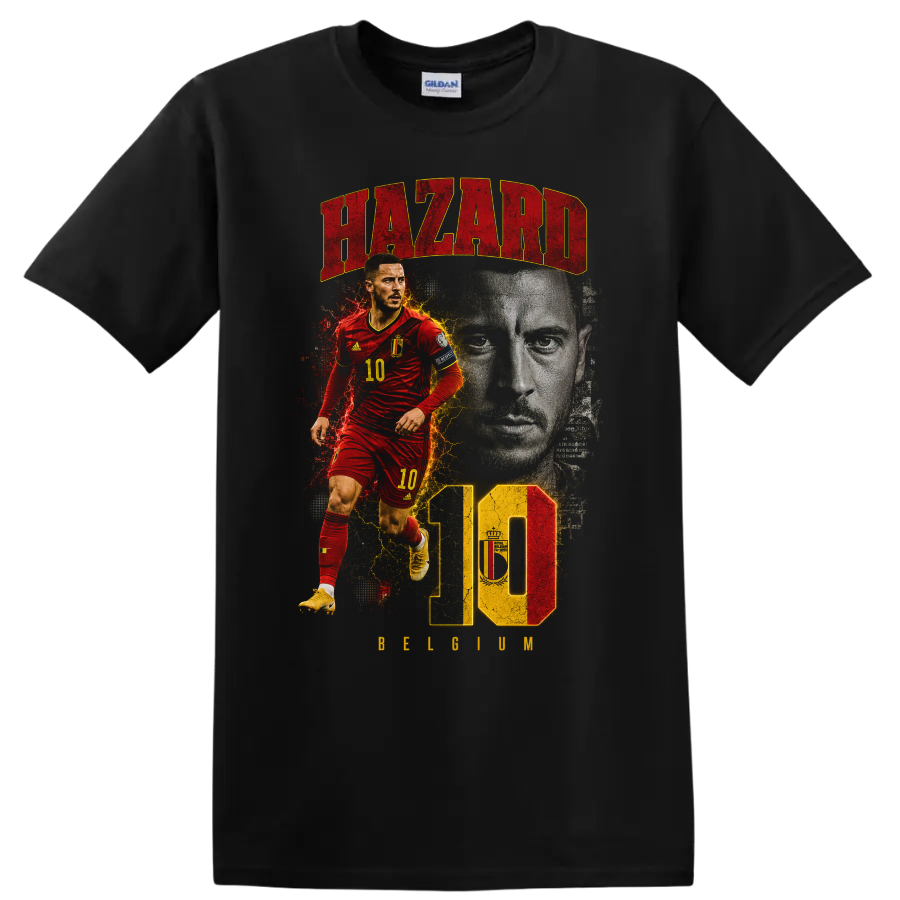 Eden Hazard Belgium soccer graphic with HAZARD, number 10, and BELGIUM on a Black T Shirt