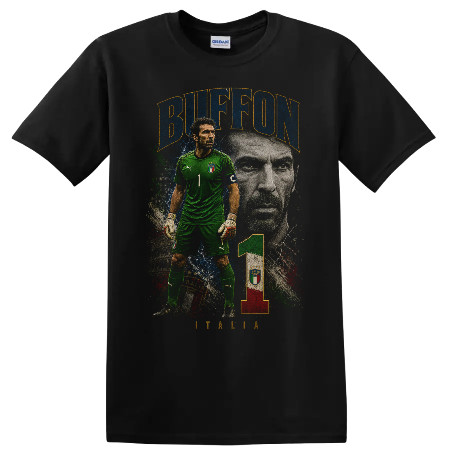 Gianluigi Buffon Italy goalkeeper portrait graphic with BUFFON text on a Black T Shirt
