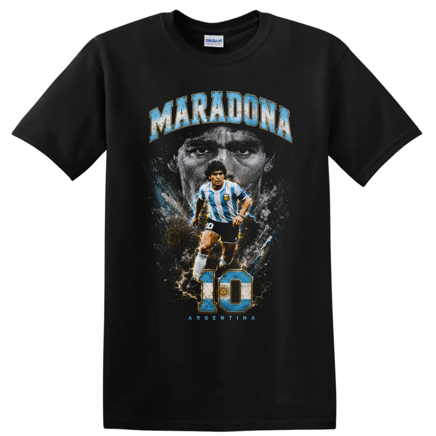 Diego Maradona Argentina soccer graphic with number 10 and portrait on a Black T Shirt