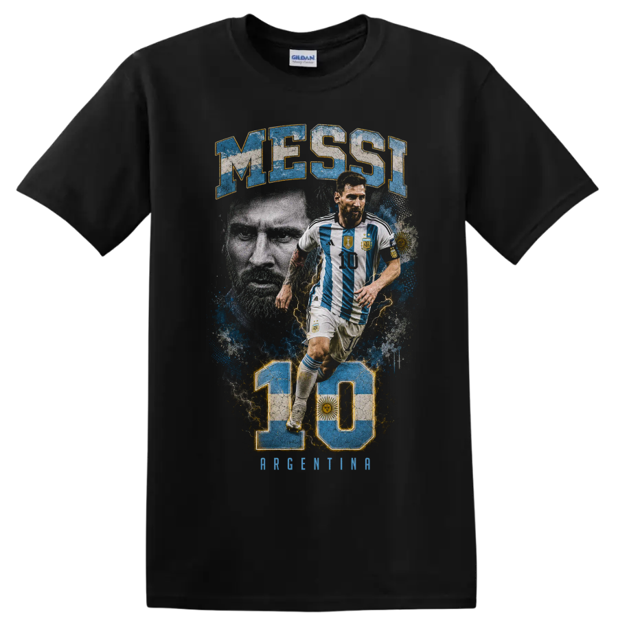 Lionel Messi Argentina number 10 soccer graphic with MESSI text on a Black T Shirt
