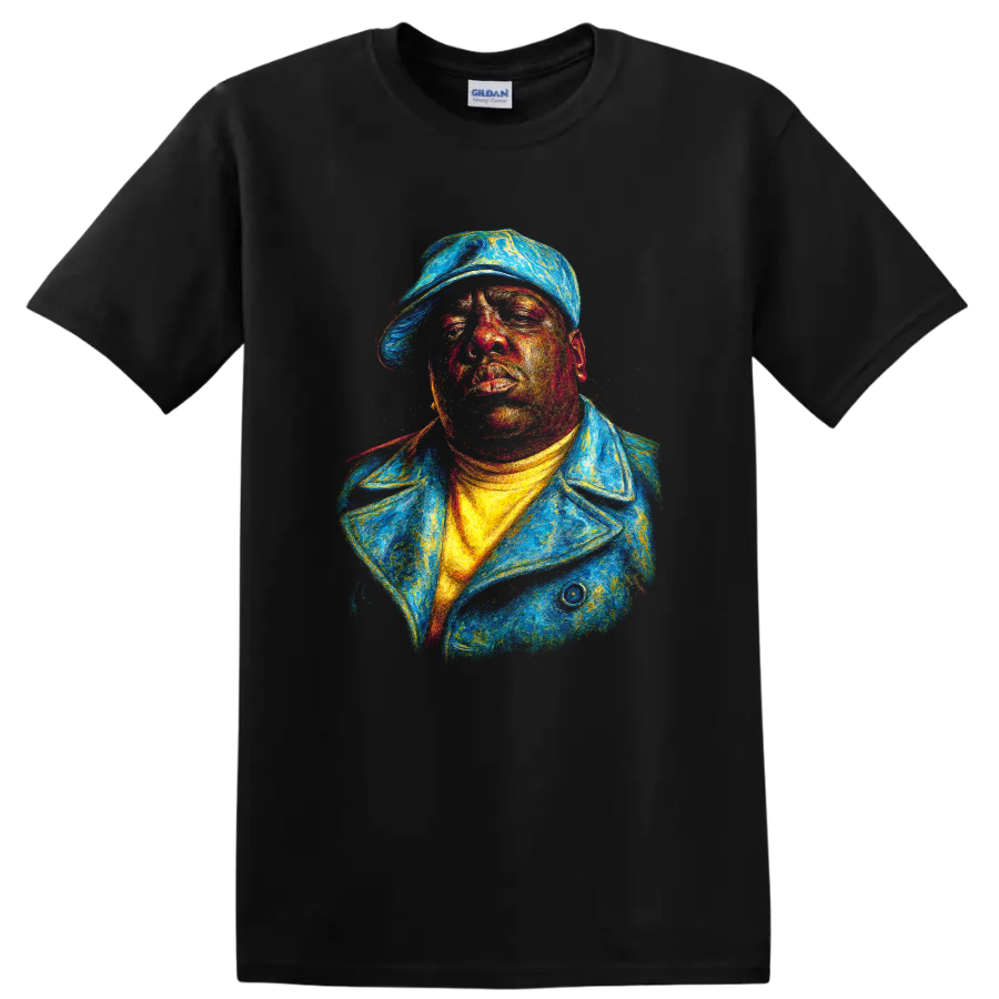 Colorful textured portrait of The Notorious B.I.G. in a cap and jacket on a Black T Shirt