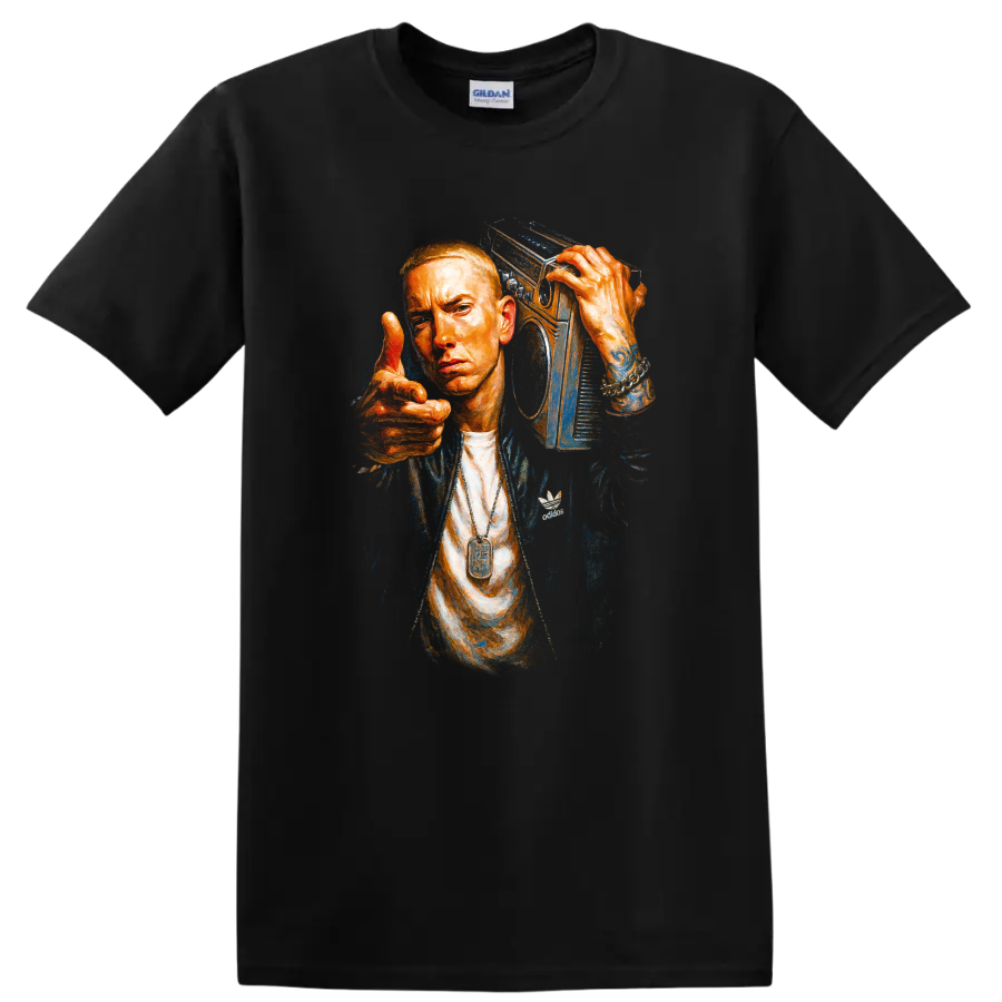 Eminem portrait graphic with boombox in vivid orange and blue on a Black T Shirt