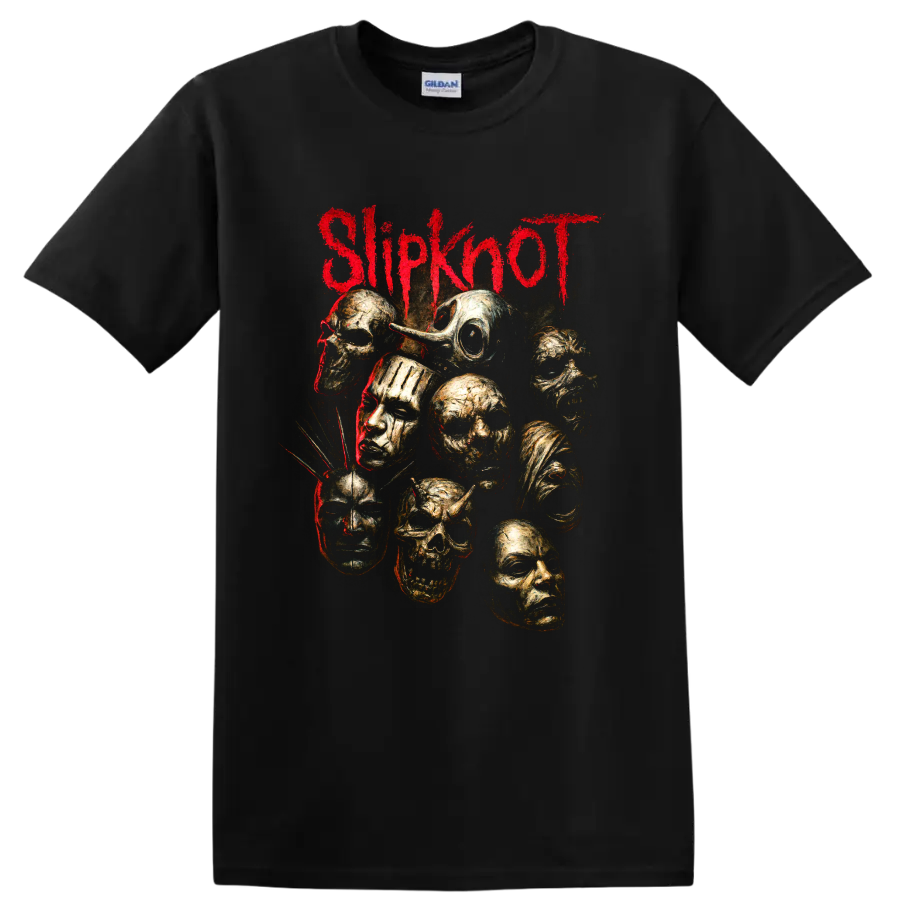 Slipknot red logo with distressed gold masks and skull-like faces on a Black T Shirt