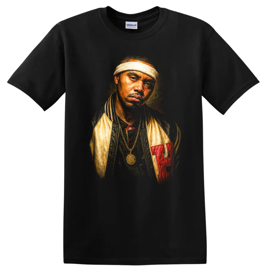 LL Cool J classic hip hop portrait graphic with headband and gold chain on a Black T Shirt