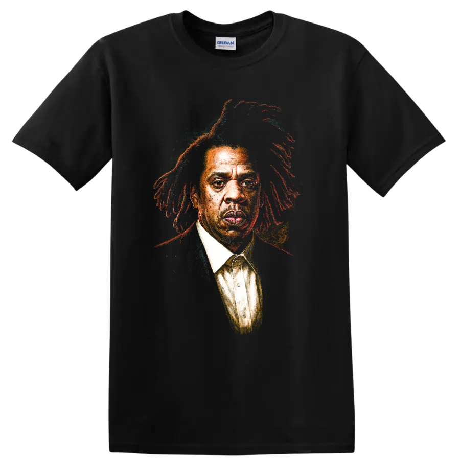 Jay-Z portrait graphic print with colorful painterly hip-hop textures on a Black T Shirt
