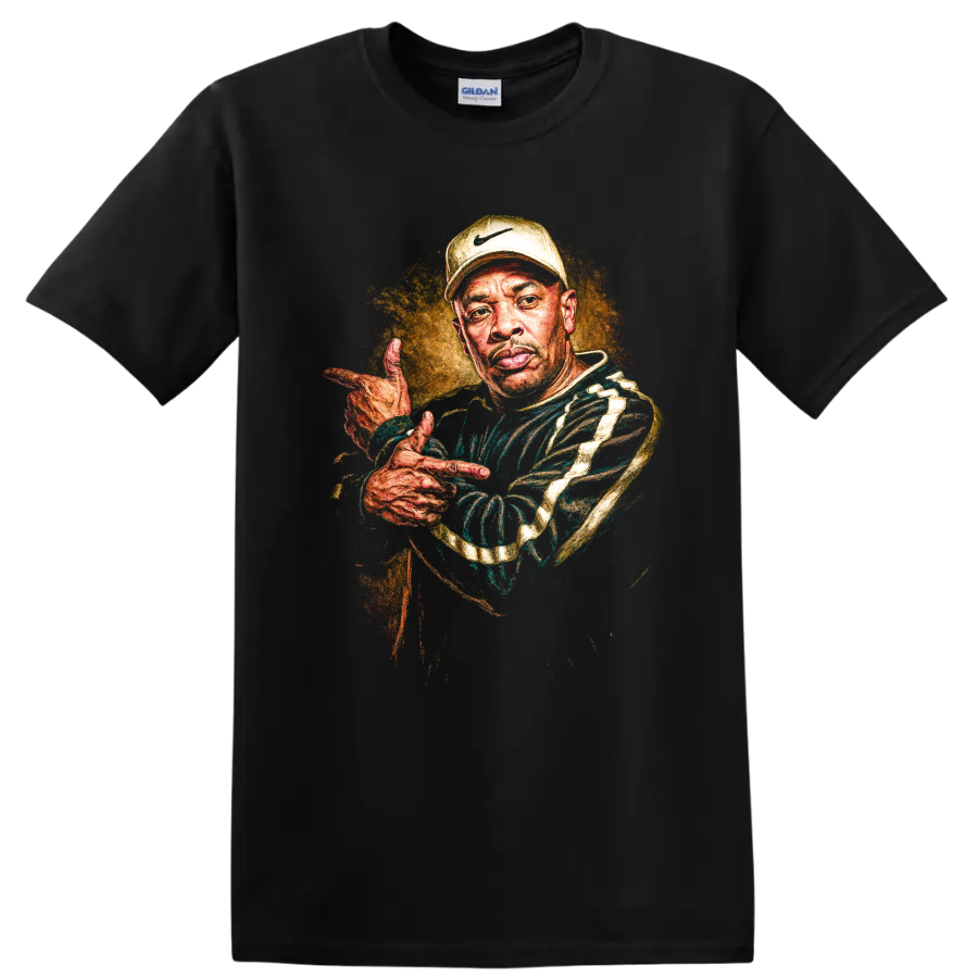 Dr. Dre portrait in vibrant hand-painted West Coast hip-hop style on a Black T Shirt