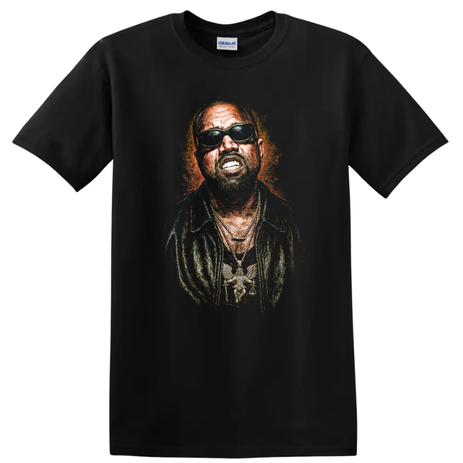 Kanye West stylized portrait with negative thermal-effect artwork on a Black T Shirt