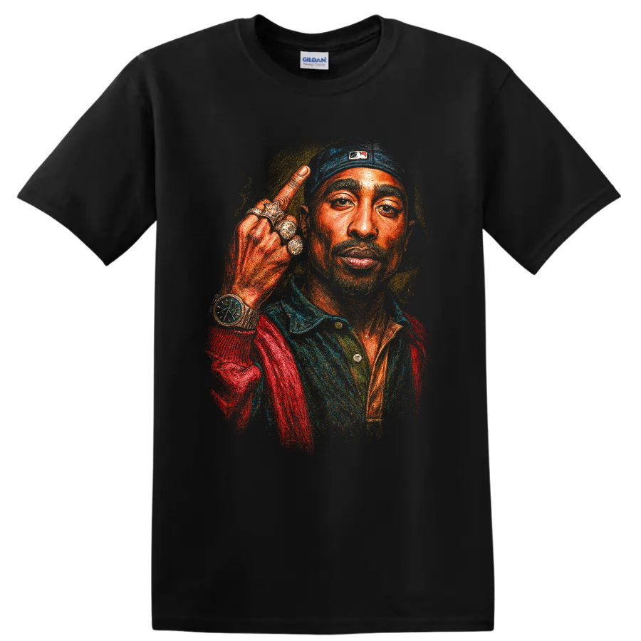 Colorful Tupac Shakur 2Pac hip-hop portrait graphic print on a Black T Shirt