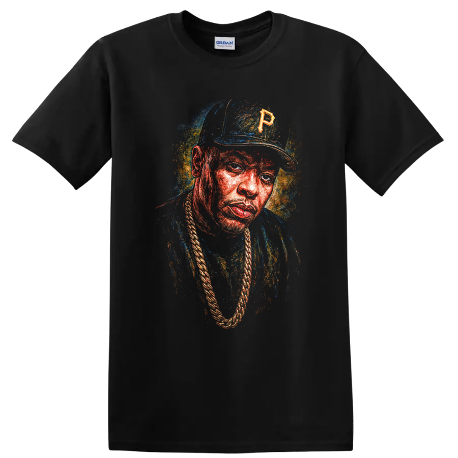 Oil-painted portrait of The Notorious B.I.G. in colorful hip-hop artwork on a Black T Shirt