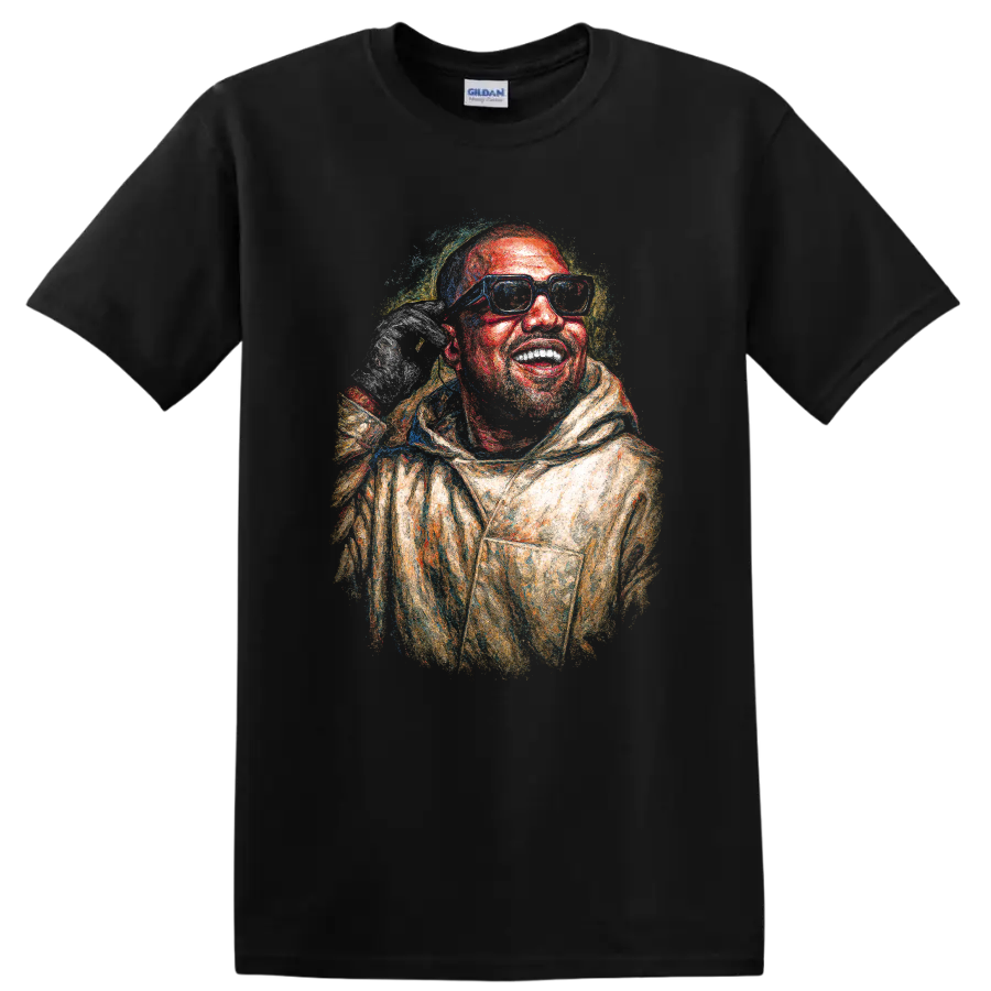 Colorful textured portrait of CeeLo Green wearing glasses and a hood on a Black T Shirt