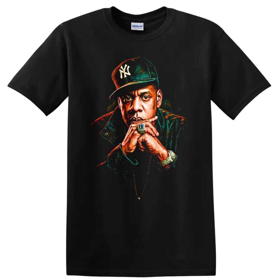 Jay-Z pop-art portrait wearing a New York Yankees-inspired cap on a Black T Shirt