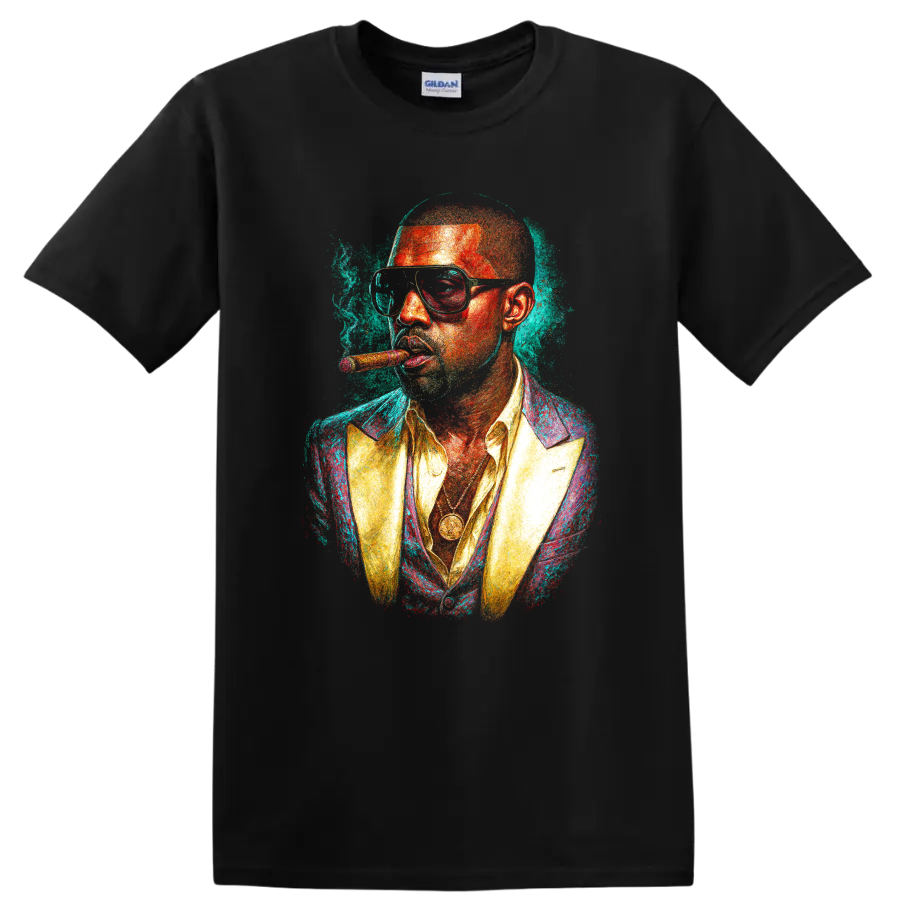 Stylized colorful portrait of Pitbull wearing glasses and a suit on a Black T Shirt