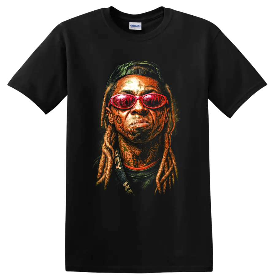 Lil Wayne pop-art portrait with red sunglasses and detailed locs on a Black T Shirt