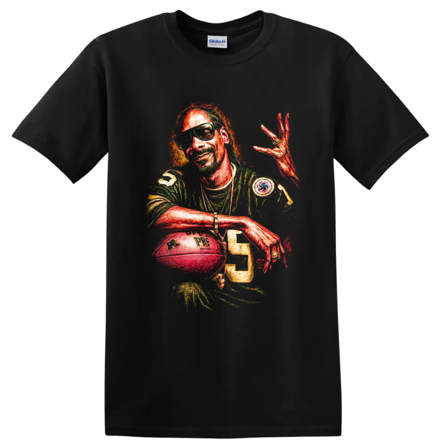 Snoop Dogg hip-hop portrait with football-inspired jersey and sunglasses on a Black T Shirt