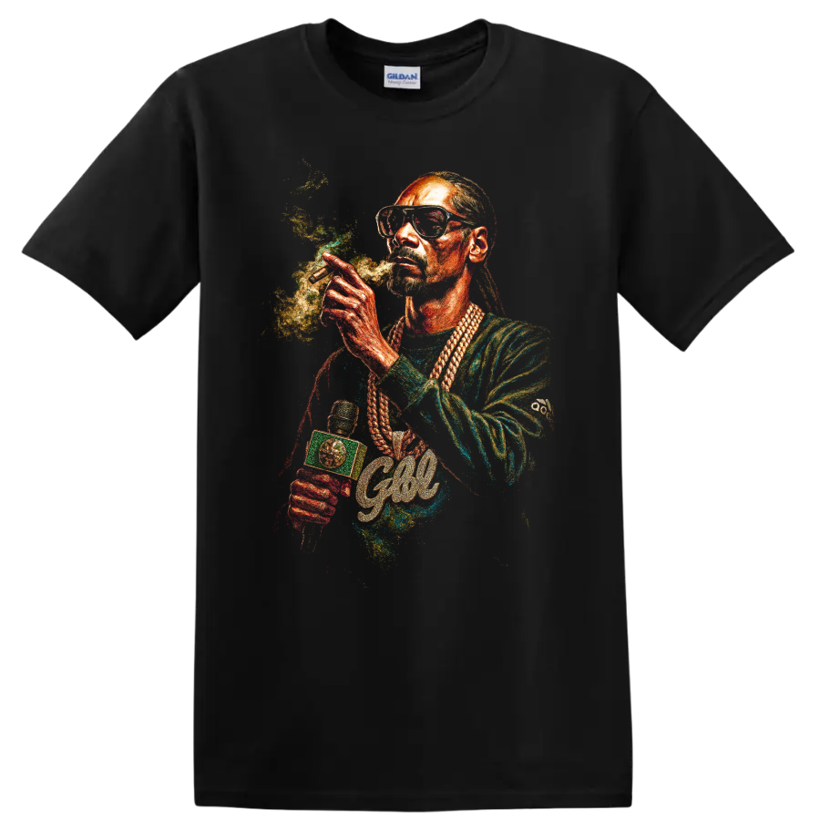 Colorful Snoop Dogg hip-hop portrait artwork with sunglasses and braids on a Black T Shirt