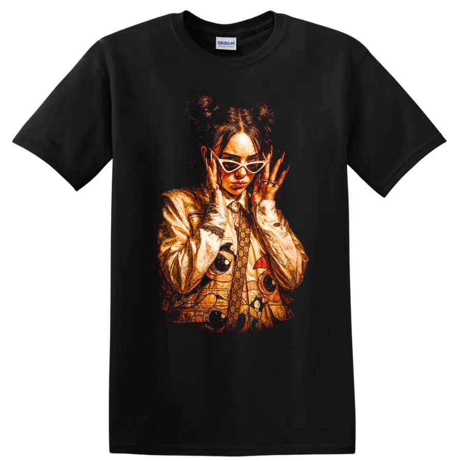 Billie Eilish fiery red-orange pop art portrait with sunglasses on a Black T Shirt
