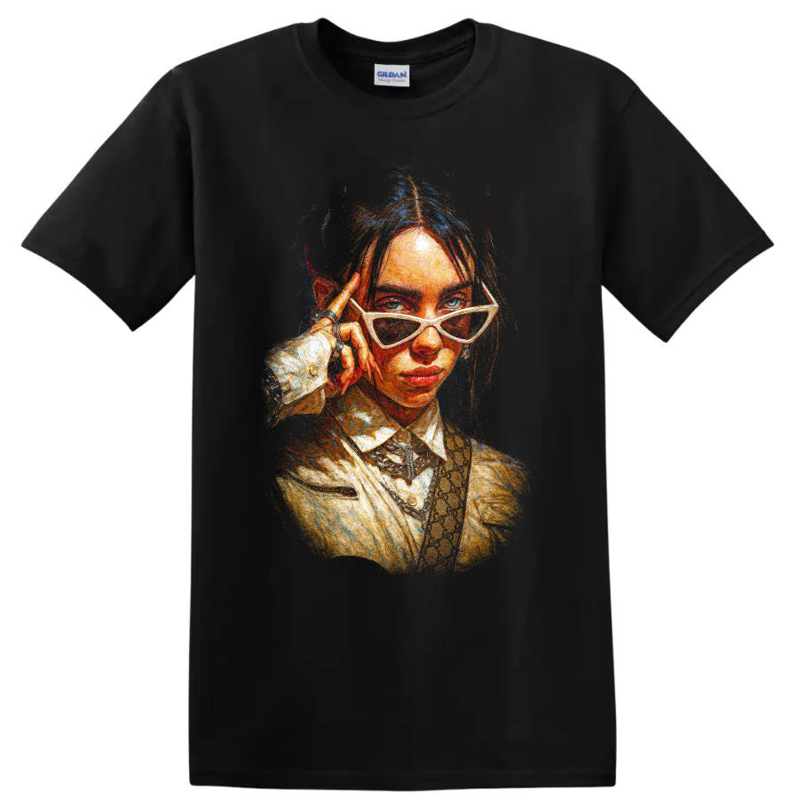 Billie Eilish stylized pop art portrait with white sunglasses on a Black T Shirt