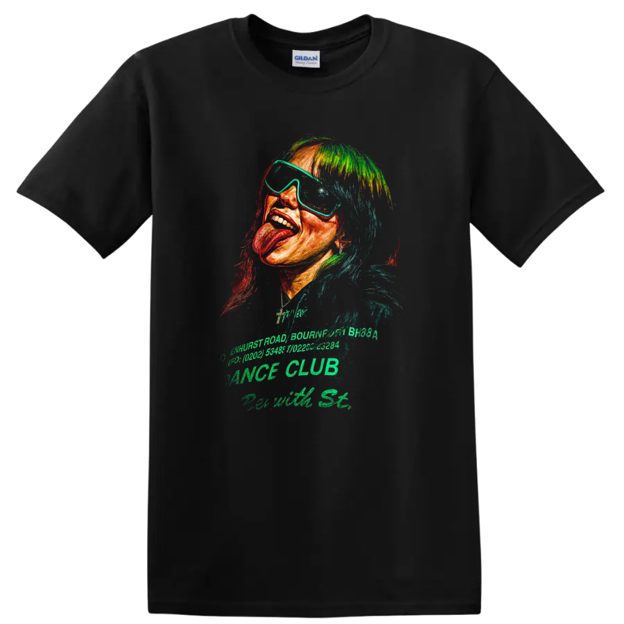 Billie Eilish neon pop art portrait fan-art graphic print on a Black T Shirt