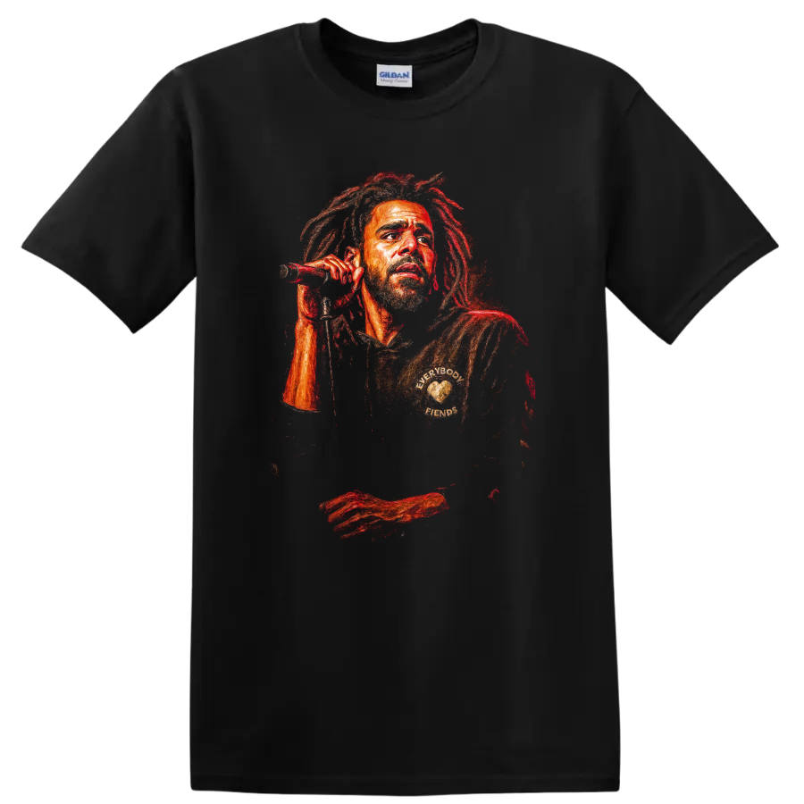 Stylized Bob Marley reggae portrait with microphone in red and orange tones on a Black T Shirt