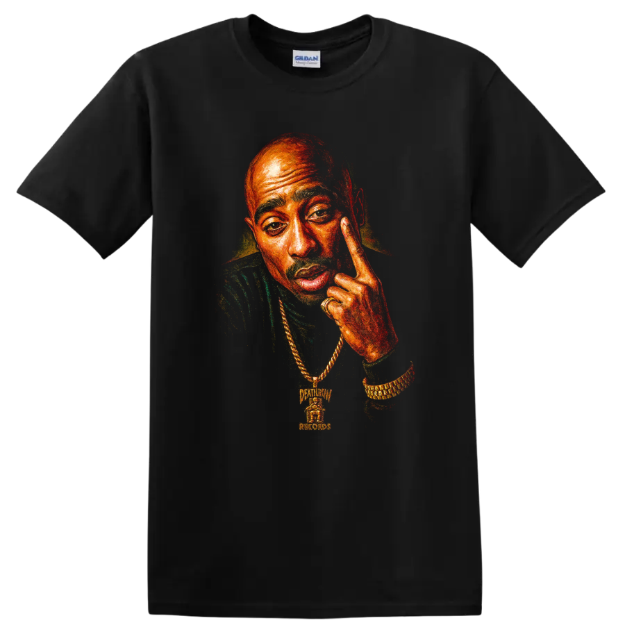 Tupac Shakur portrait in vivid red and orange hip-hop graphic style on a Black T Shirt