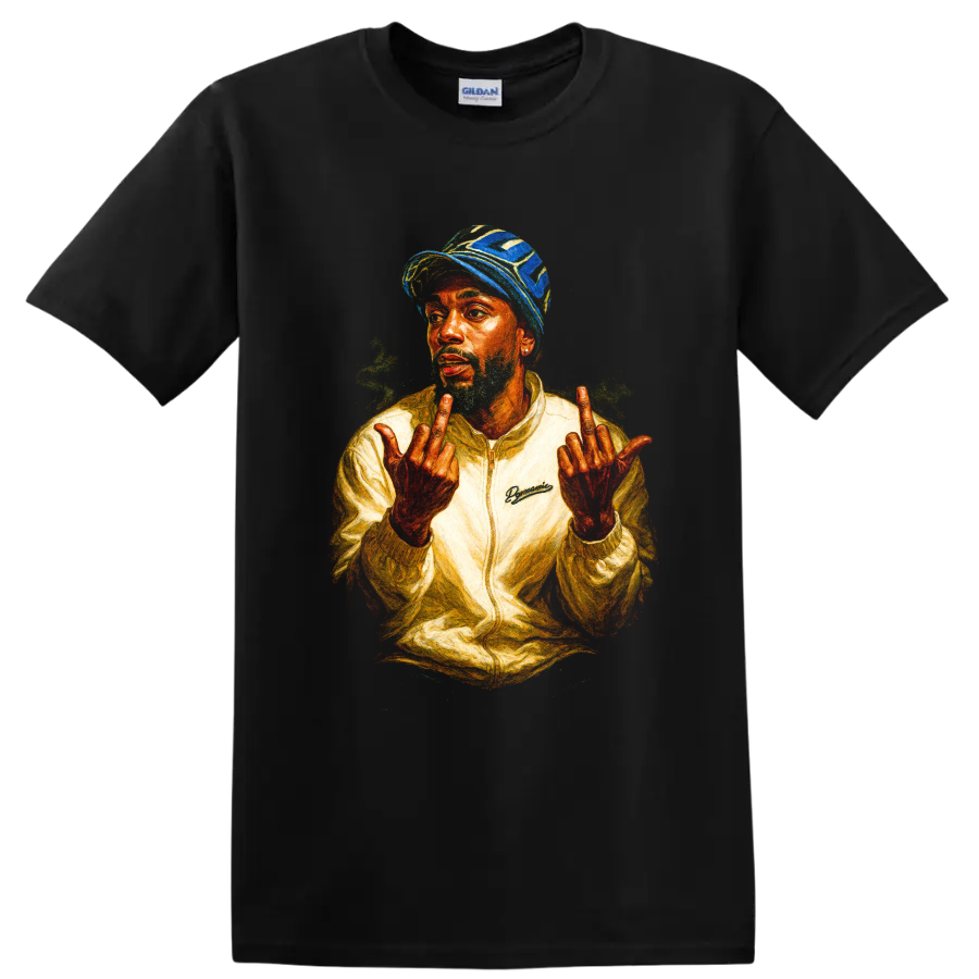 Tyler, the Creator color-pencil hip-hop portrait with raised hands on a Black T Shirt