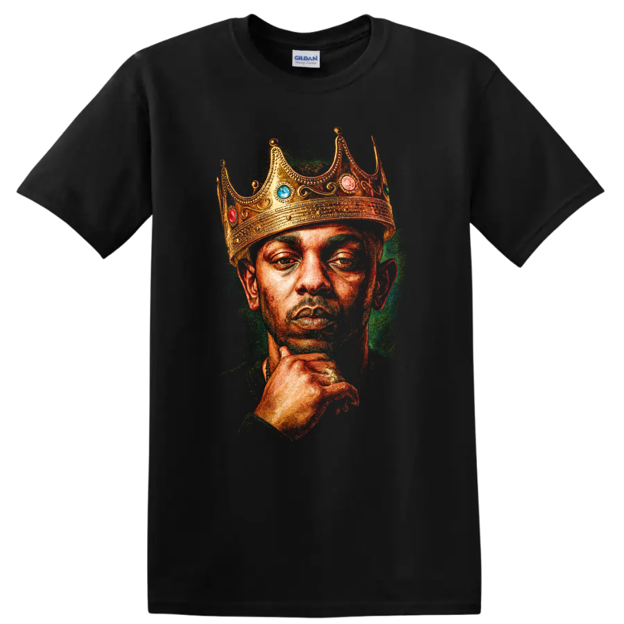 Kendrick Lamar crowned portrait graphic in vivid hip-hop illustration style on a Black T Shirt