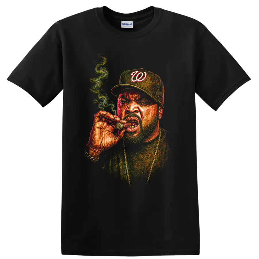 Ice Cube hip-hop portrait with Washington W cap and smoking pose on a Black T Shirt