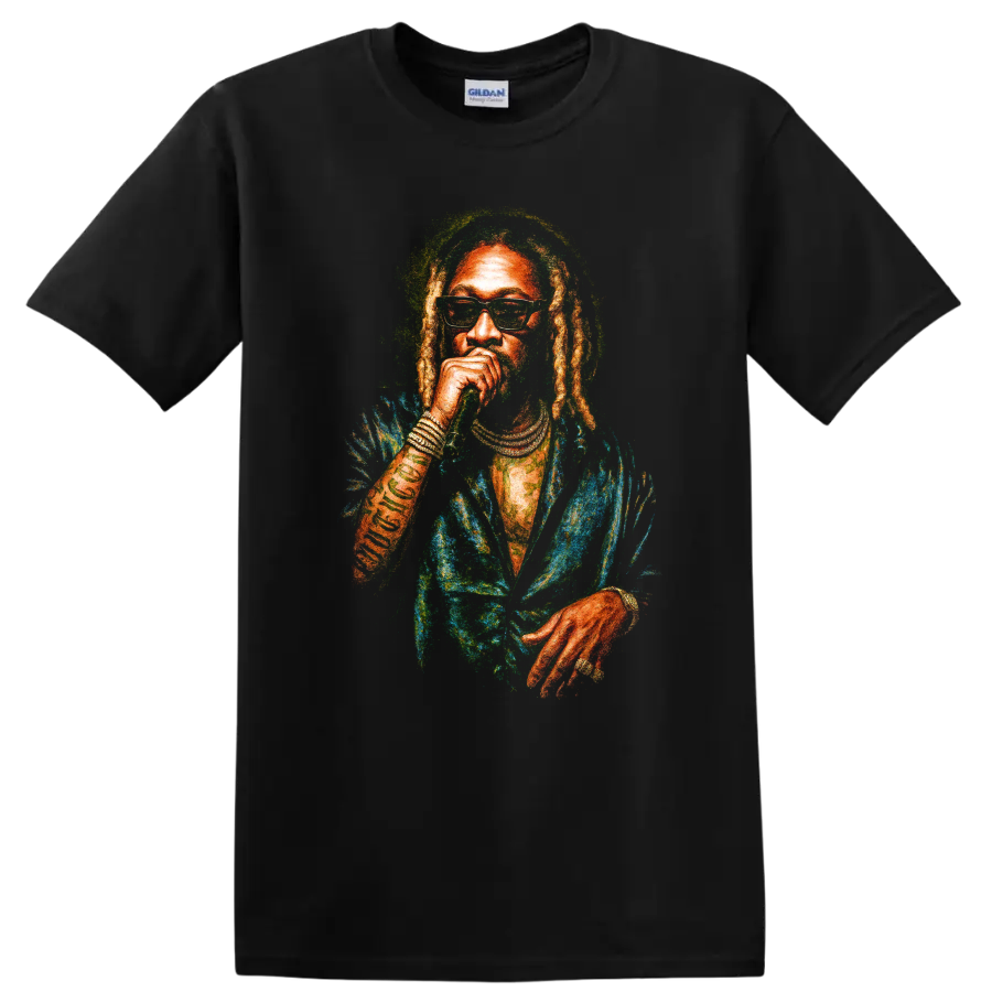 Colorful Don Carlos Black Uhuru reggae portrait graphic with dreadlocks on a Black T Shirt
