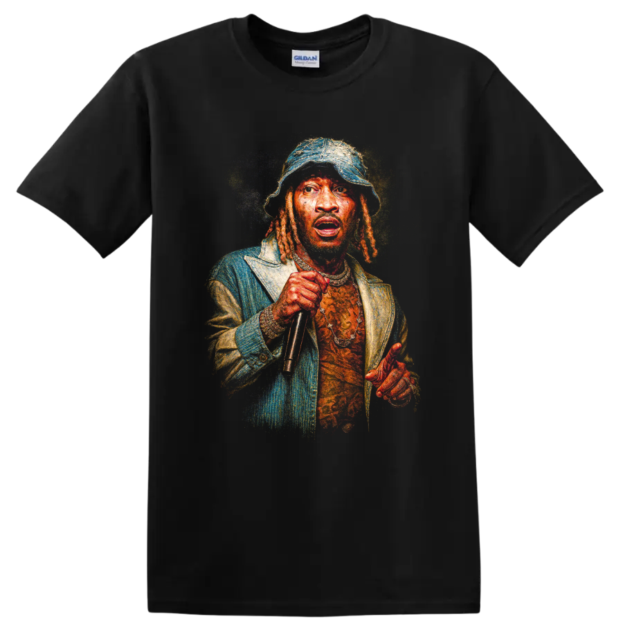 Shablizy King hip-hop album cover portrait with microphone and bucket hat on a Black T Shirt