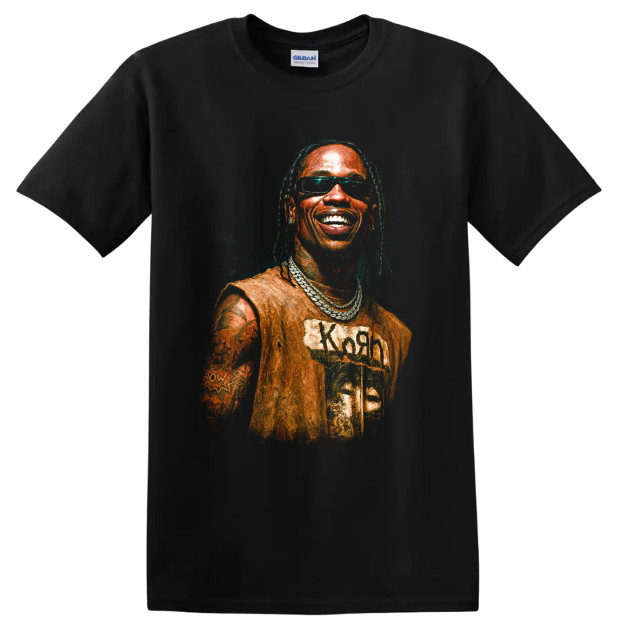 Stylized Travis Scott portrait with sunglasses and layered chains on a Black T Shirt