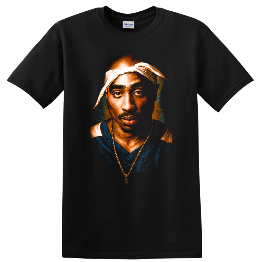 Tupac Shakur portrait artwork in bold painterly hip-hop style on a Black T Shirt