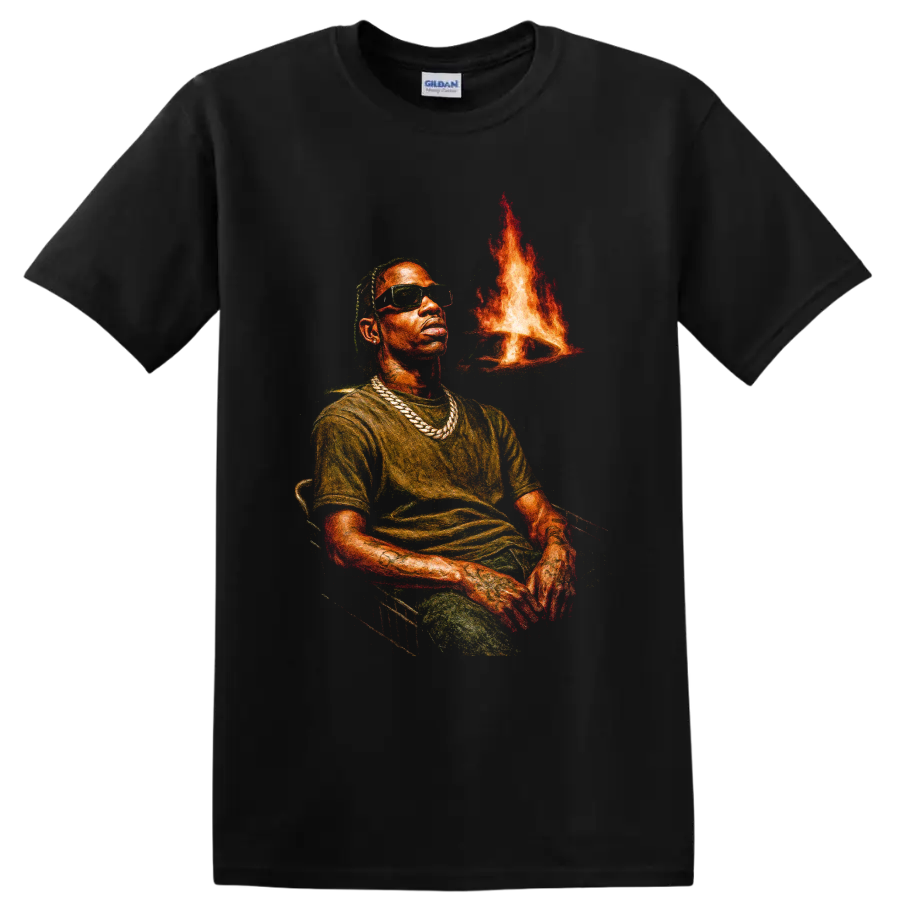 Travis Scott Utopia portrait graphic with sunglasses, chains, and flames on a Black T Shirt
