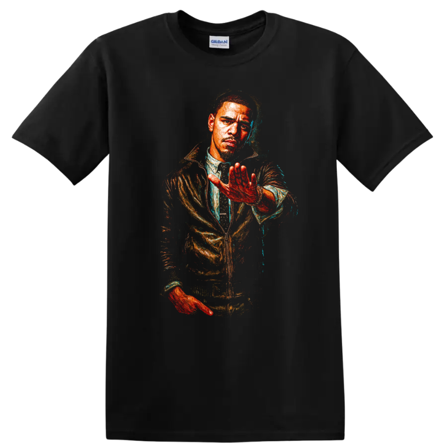 Common portrait in vivid distressed hip-hop graphic art on a Black T Shirt
