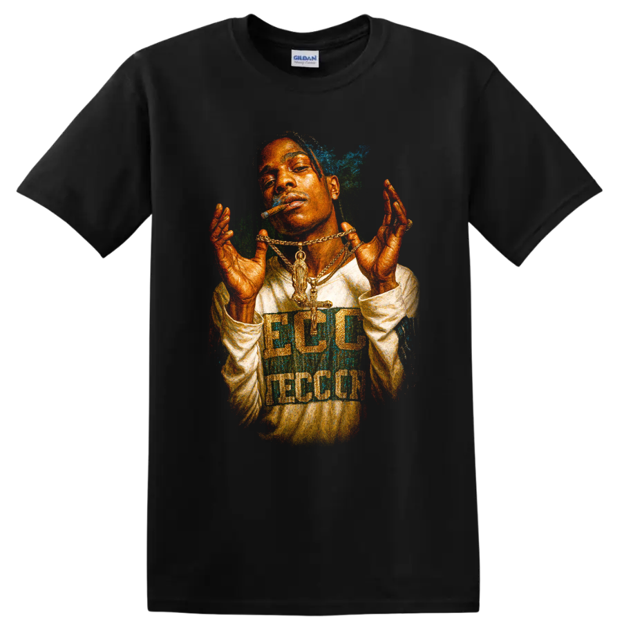 DaBaby colorful hip-hop fan art portrait with layered gold chains on a Black T Shirt