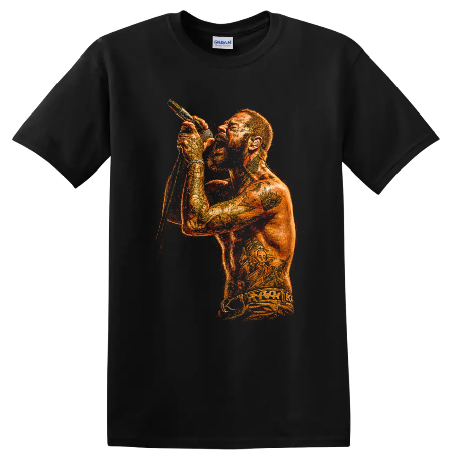 Post Malone live performance portrait with microphone in fiery orange art on a Black T Shirt