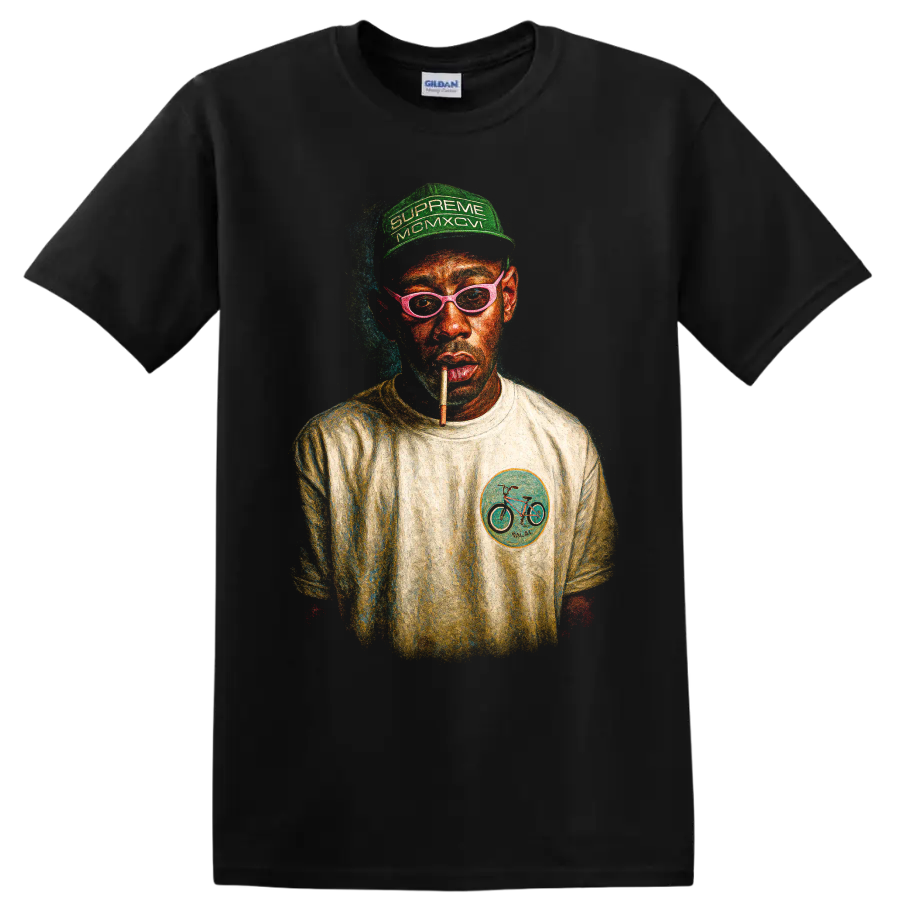 Tyler, the Creator stylized portrait with green cap and pink glasses on a Black T Shirt