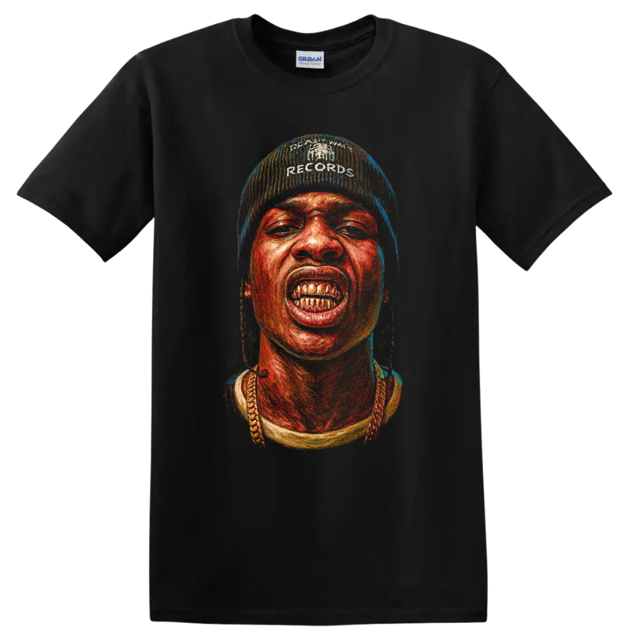 Travis Scott portrait graphic with gritty red and blue hip-hop artwork on a Black T Shirt