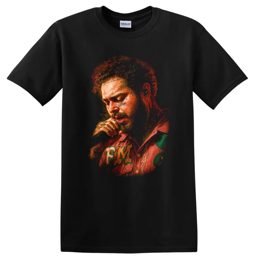 Boko Yout expressive red and green post-punk portrait graphic on a Black T Shirt