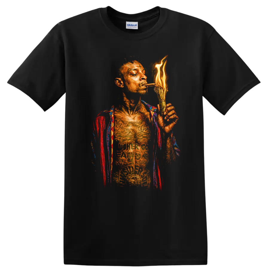 DaBaby hip-hop portrait with flame-inspired torch graphic on a Black T Shirt