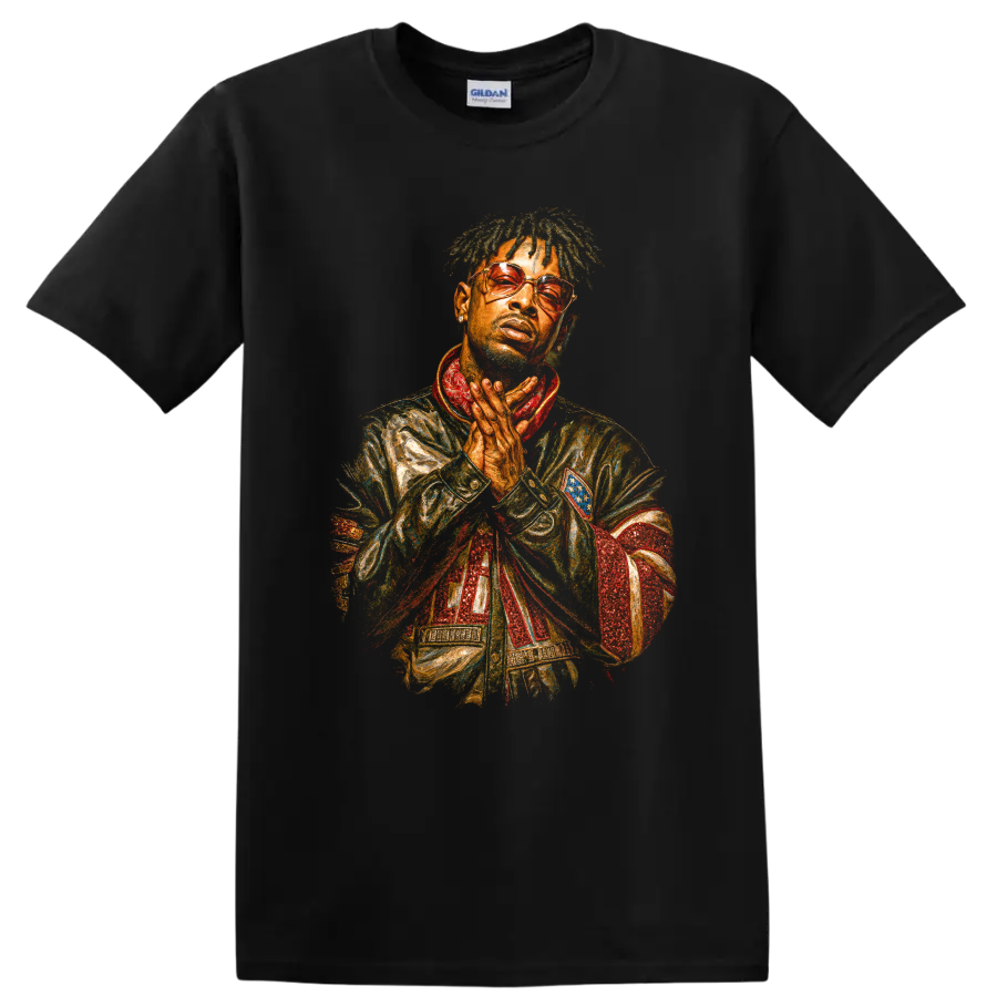 21 Savage stylized hip-hop portrait with tinted glasses and bold painted texture on a Black T Shirt