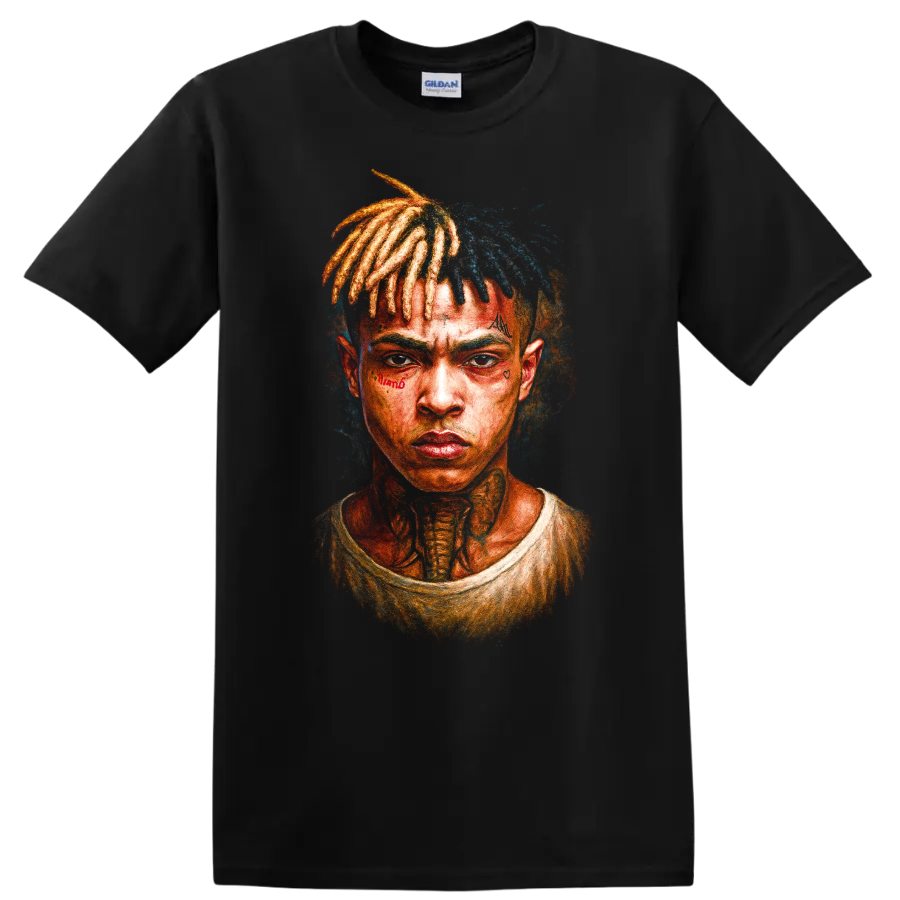 XXXTentacion portrait fan sketch with colorful dreadlocks on a Black T Shirt