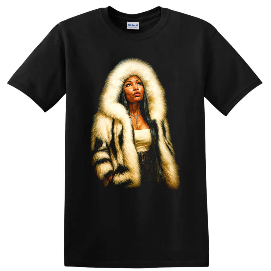 Nicki Minaj-inspired hip-hop portrait with dramatic fur hood on a Black T Shirt