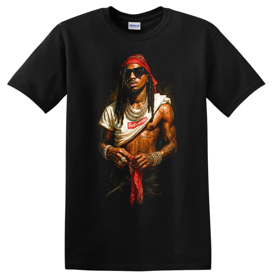 Playboi Carti portrait with red headwear, jewelry, sunglasses, and Supreme logo on a Black T Shirt