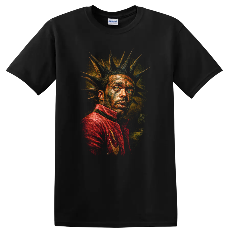 Mikhail Gorshenev punk rock portrait with spiked hair and vivid colors on a Black T Shirt