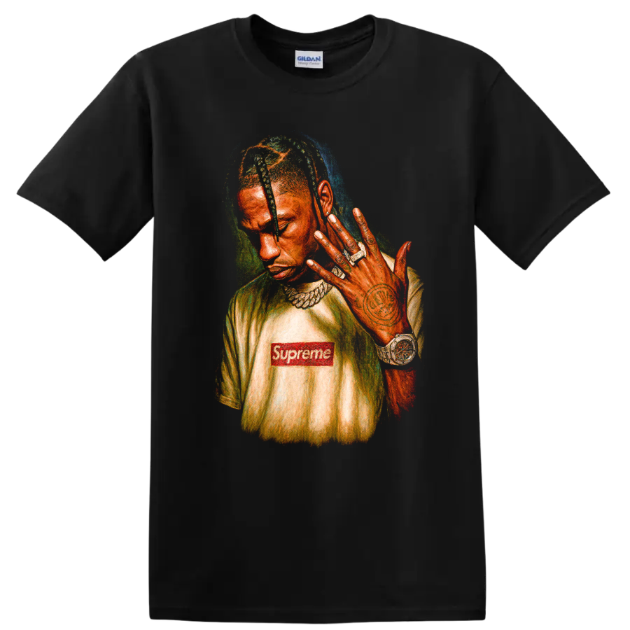 Travis Scott pop-art portrait with Supreme logo and colorful graphic style on a Black T Shirt