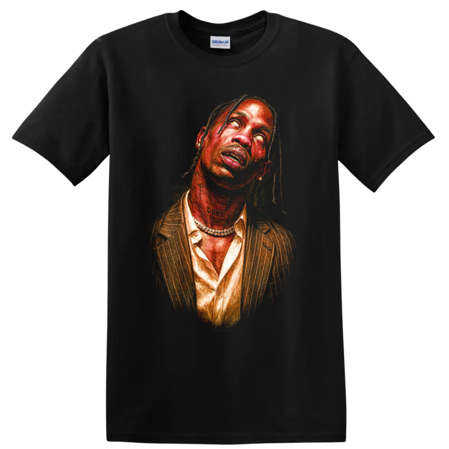 Travis Scott abstract portrait graphic art on a Black T Shirt